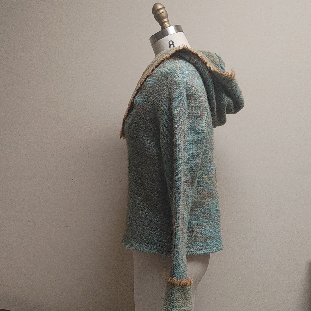 OOAK Handwoven Wool Hoodie Turquoise & Gold - Picture 8 of 17